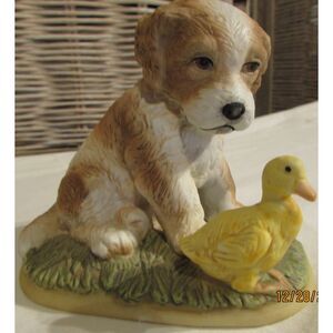 Homco Cocker Spaniel puppy dog with yellow duck in the grass vintage spring